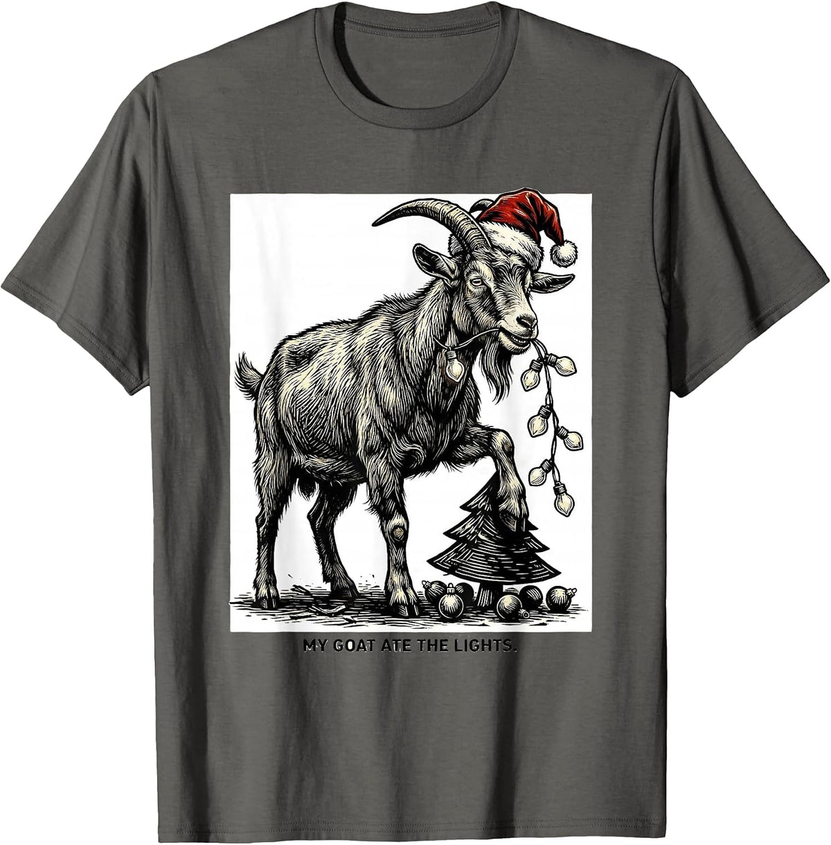 My Goat Ate The Lights Funny Animal Christmas Lights Humor T-Shirt - Asphalt Grey