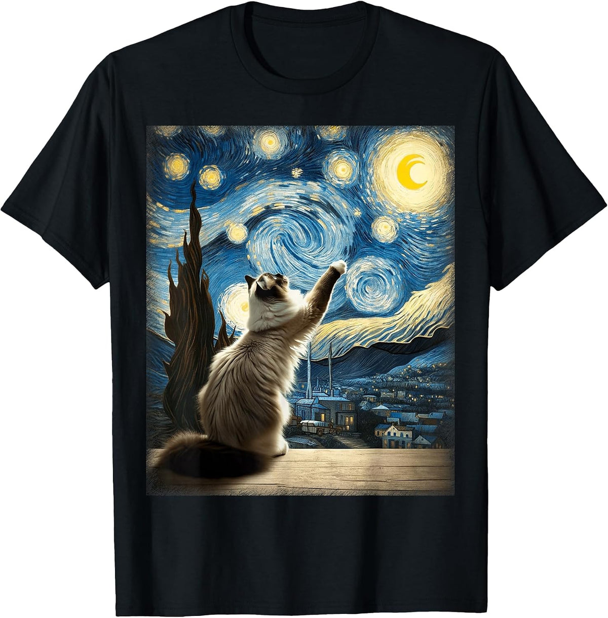 Van Gogh Starry Night Moon Artistic Pet Lover Ragdoll Cat T-Shirt - Black
