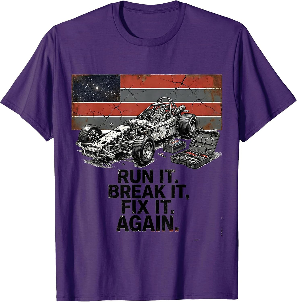 Men's Run It Break It Fix It Again Distressed RC Drag Racing Flag T-Shirt - Purple