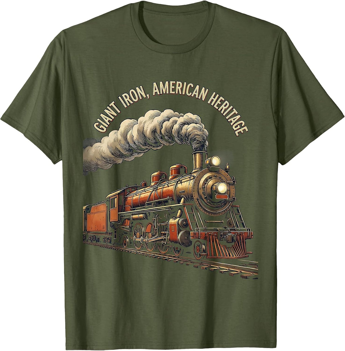 Men's Giant Iron American Heritage Vintage Steam Train Enthusiast T-Shirt - Olive Green