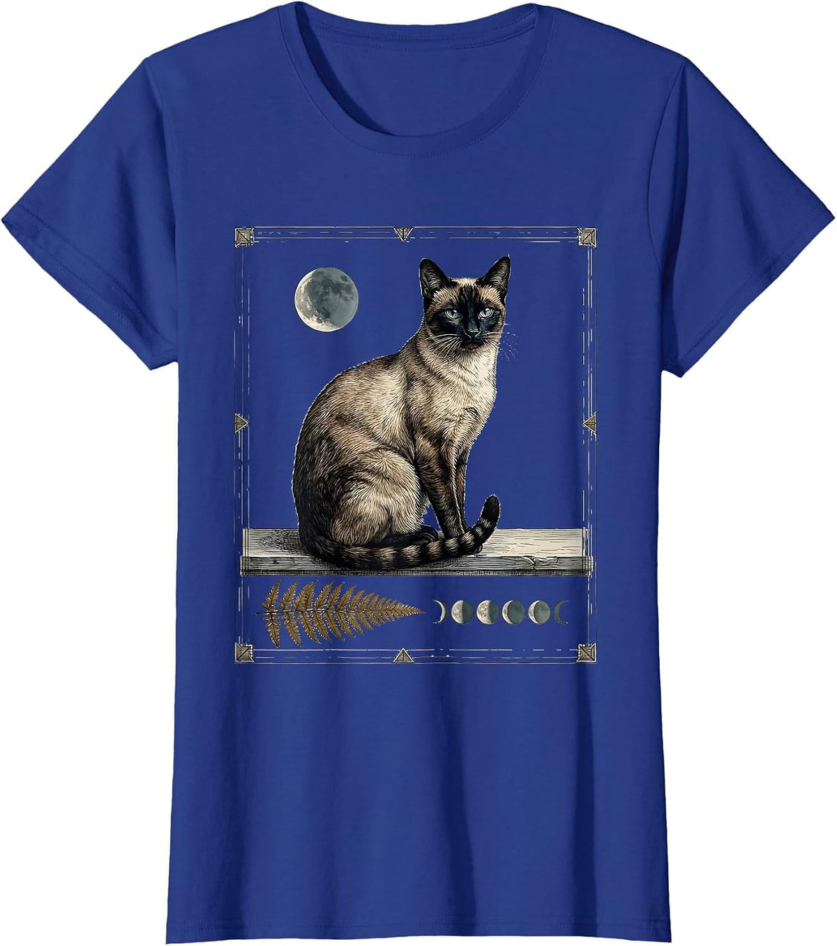 Women's Siamese Cat Moon Gazing 90s Retro Portrait T-Shirt - Royal Blue