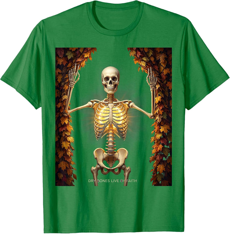 Men's Dry Bones Live By Faith Christian Halloween Skeleton Humor T-Shirt - Kelly Green