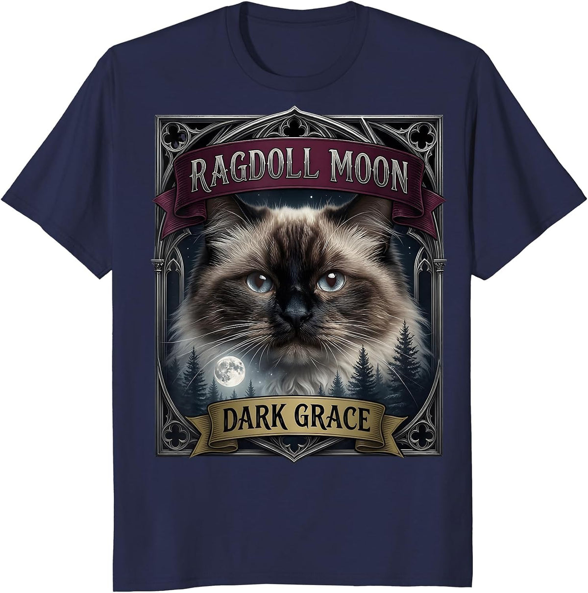 Ragdoll Moon, Dark Grace Gothic Cat Design T-Shirt - Navy Blue