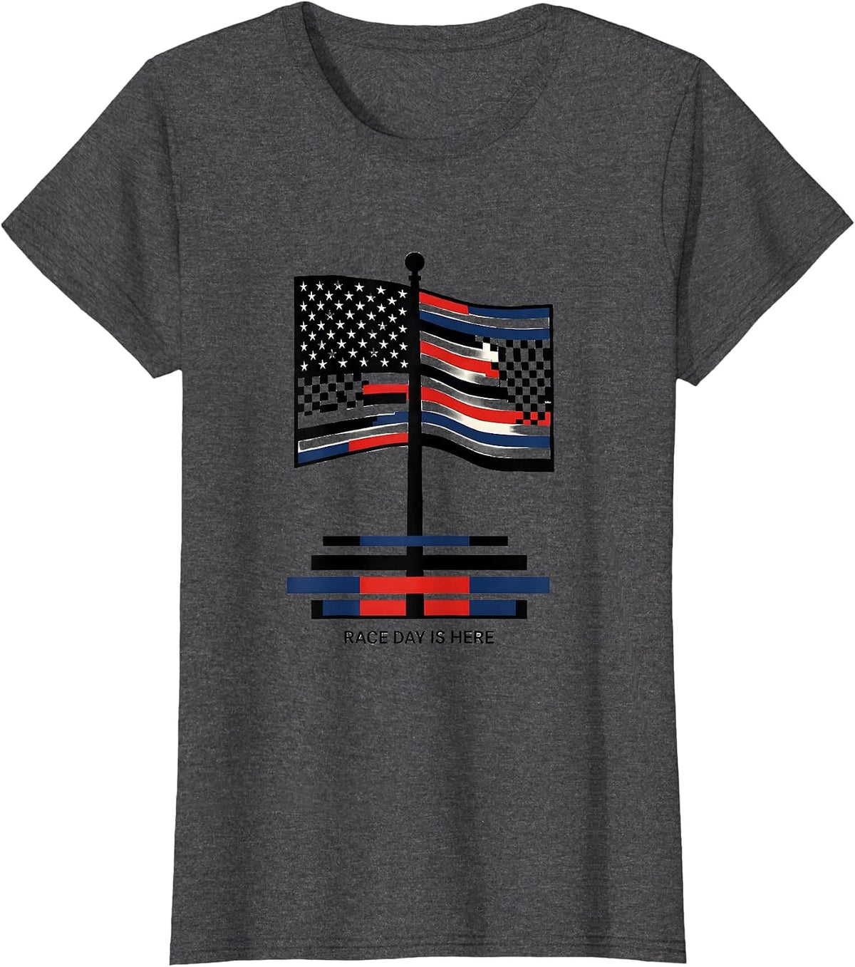 Women's Race Day Is Here Patriotic Drag Racing Checkered Flag T-Shirt - Dark Heather Grey