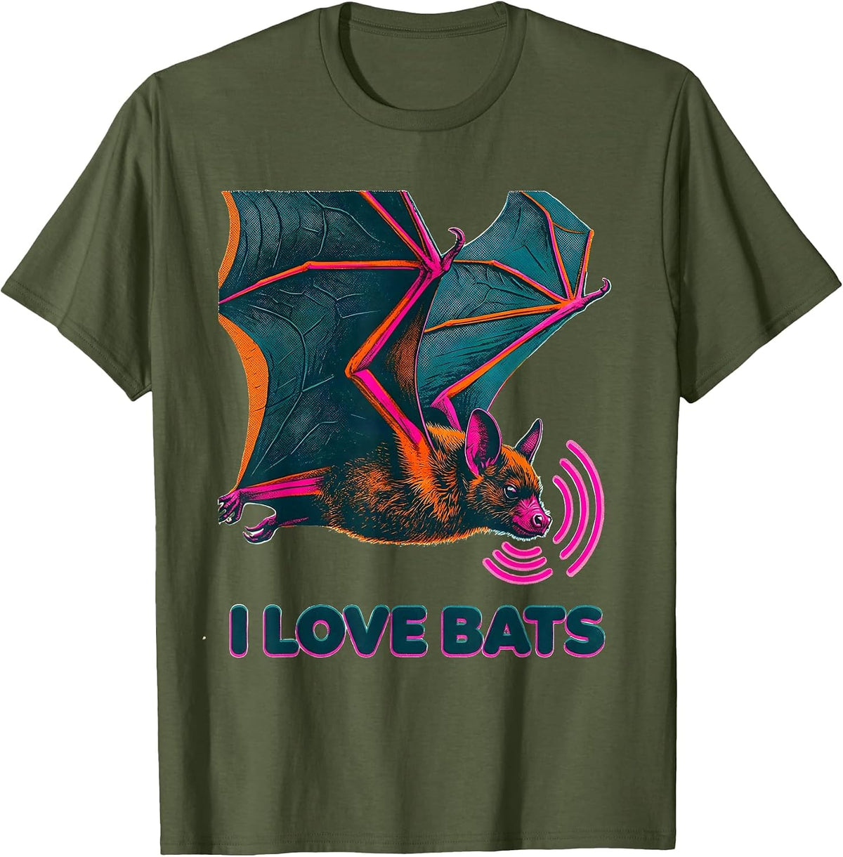 I Love Bats Risograph Bat Lover Wildlife Conservation T-Shirt - Olive Green