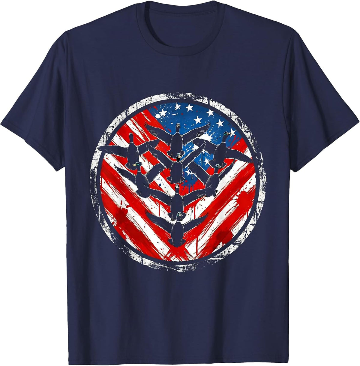 Duck Camo Flock in V-Formation Hunting Design T-Shirt - Navy Blue