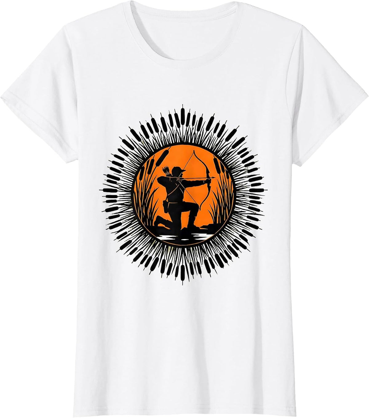 Women's Hunter Kneeling in Marsh Reeds Camouflage Design T-Shirt - White
