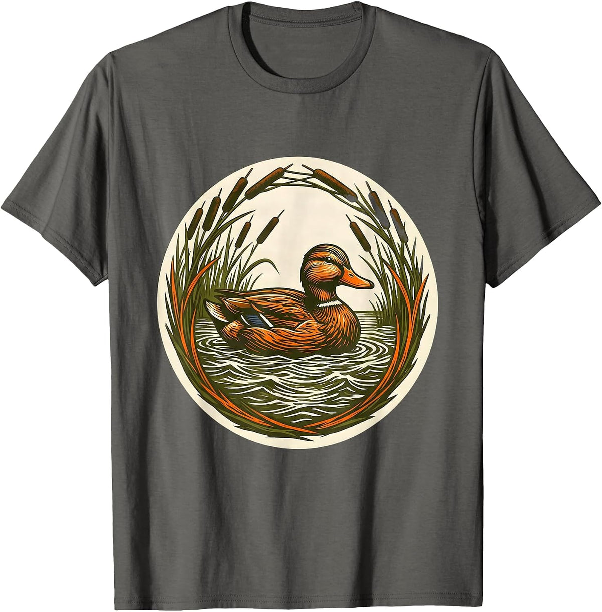 Duck Decoy Marsh Reeds Camo Hunting Illustration T-Shirt - Asphalt Grey