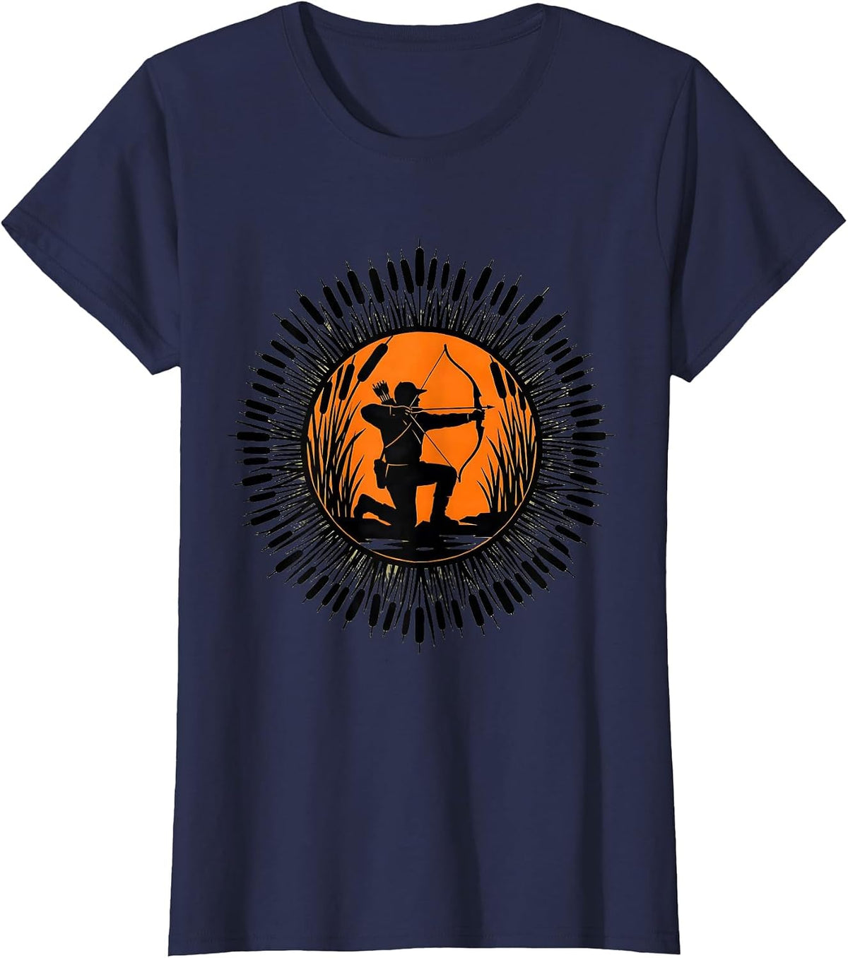 Women's Hunter Kneeling in Marsh Reeds Camouflage Design T-Shirt - Navy Blue