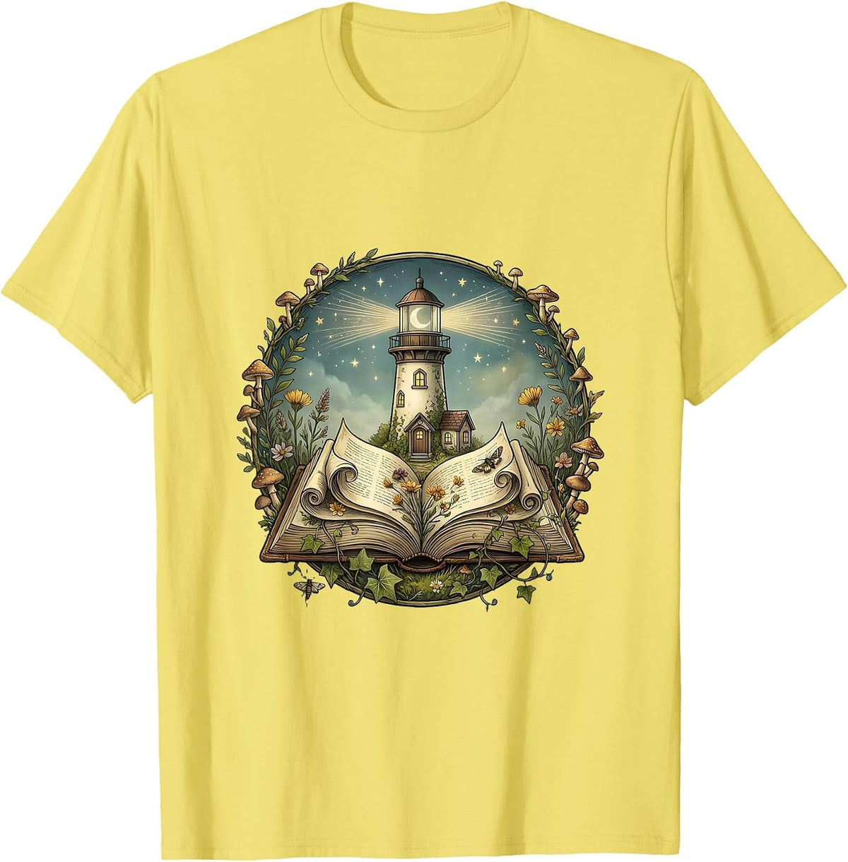 Men's Reading Teacher Lighthouse Book Illustration T-Shirt - Lemon Yellow