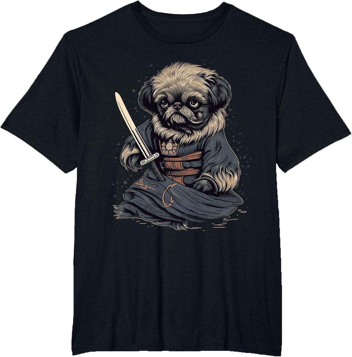 Vintage Japanese Samurai Pekingese Dog T-Shirt - Black