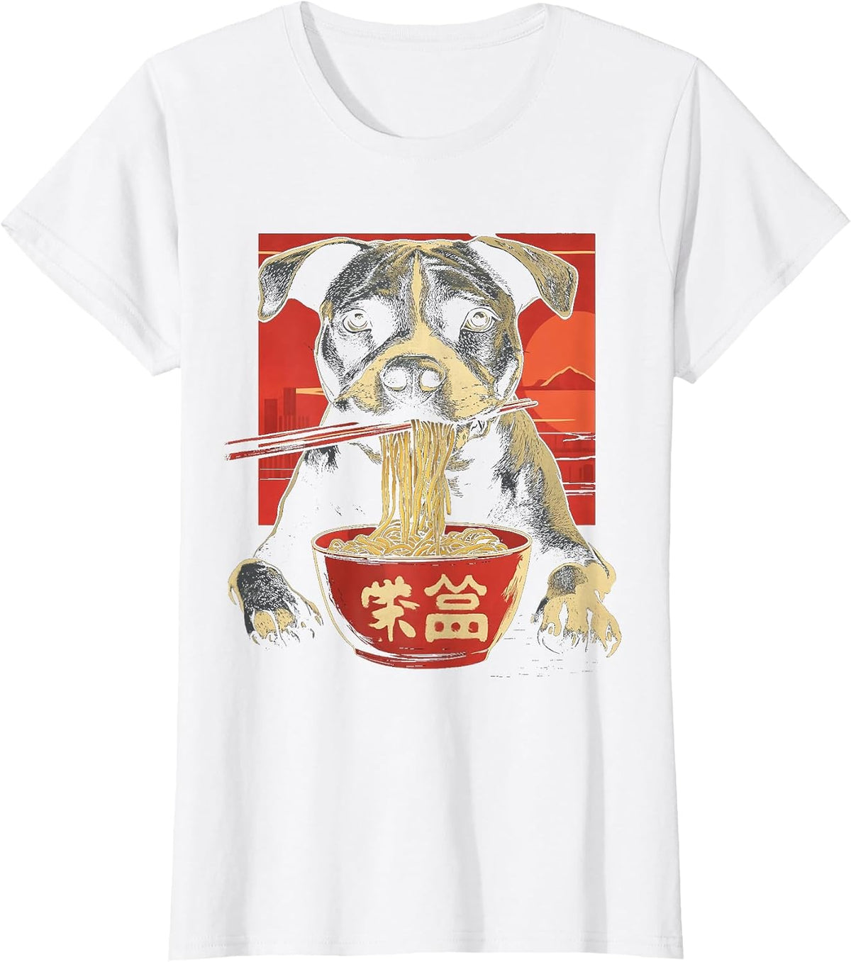 Pitbull Funny Dog Eating Ramen Noodles T-Shirt - White