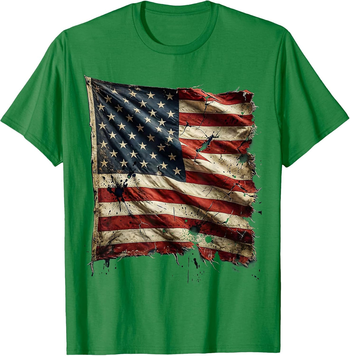 Men's Patriotic Stars and Stripes Rippling Flag Design T-Shirt - Kelly Green