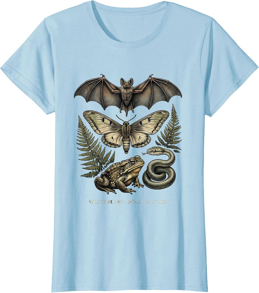 Women's Welcome Bats Moths Toads Nature Lover Animal Appreciation T-Shirt - Baby Blue