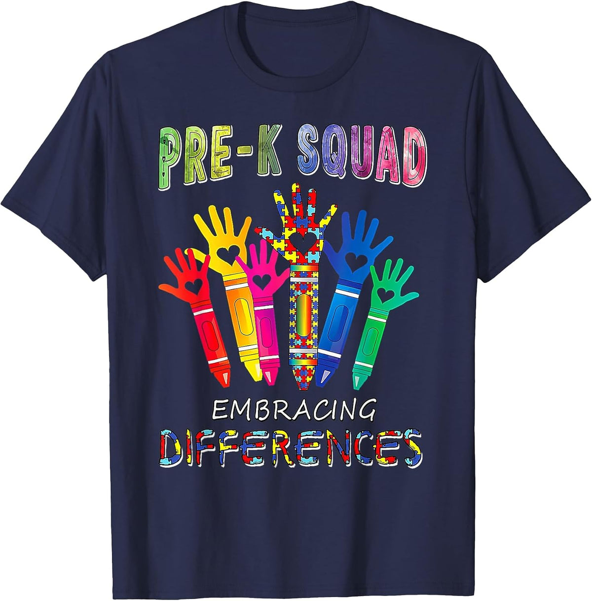 Pre K Squad Embracing Differences Autism Teacher T-Shirt - Navy Blue
