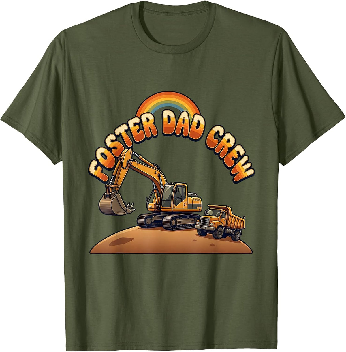 Men's FOSTER DAD CREW Retro Funny Construction Excavator Kids T-Shirt - Olive Green