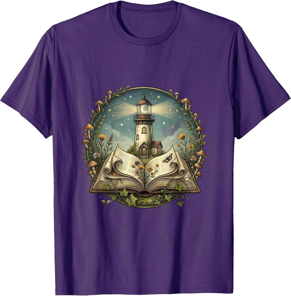 Men's Reading Teacher Lighthouse Book Illustration T-Shirt - Purple