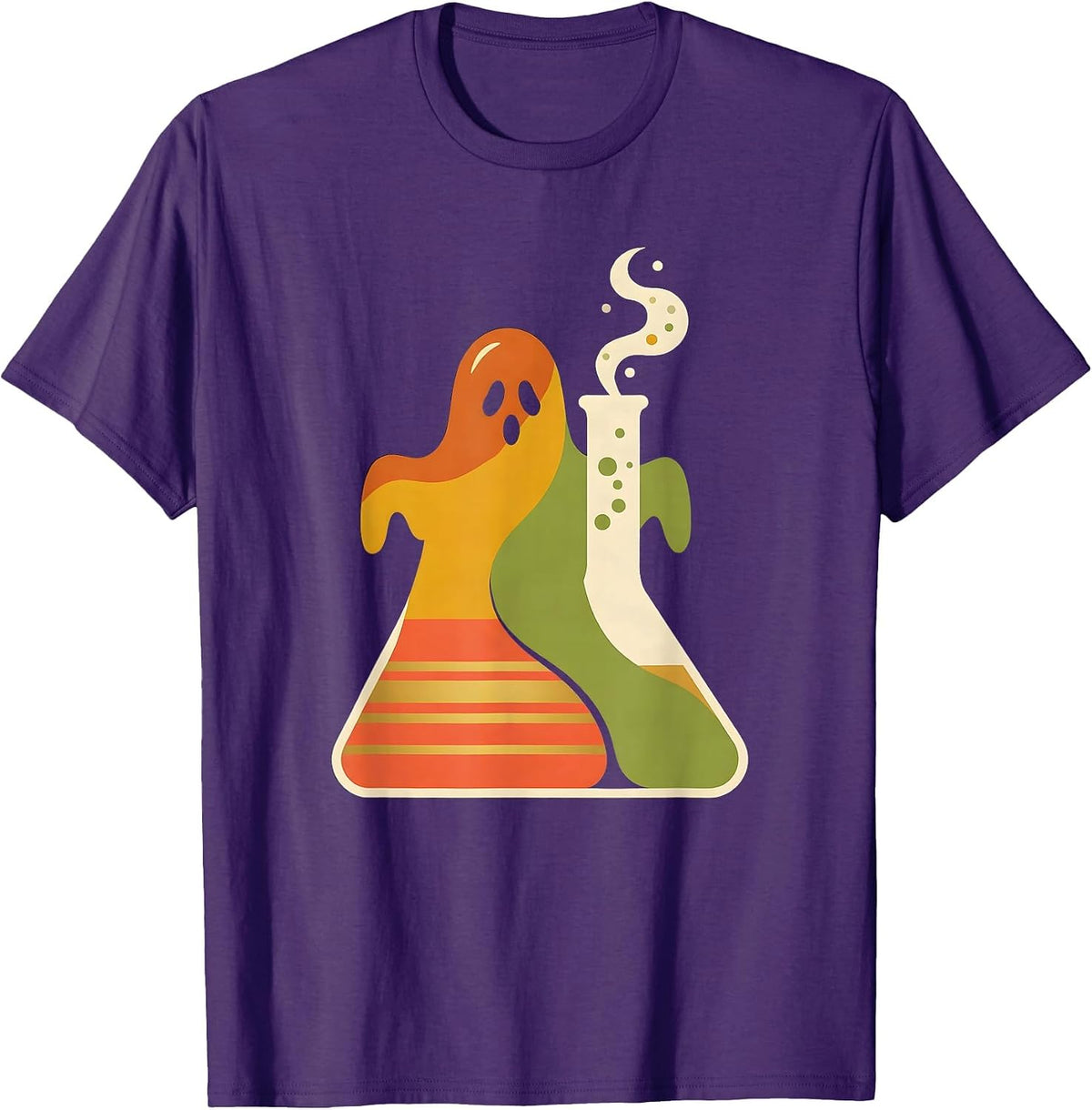 Friendly Ghost Lab Flask Retro 70s Teacher Halloween T-Shirt - Purple