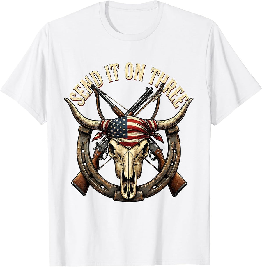 Men's Send It On Three Hunting Graphic Design T-Shirt - White