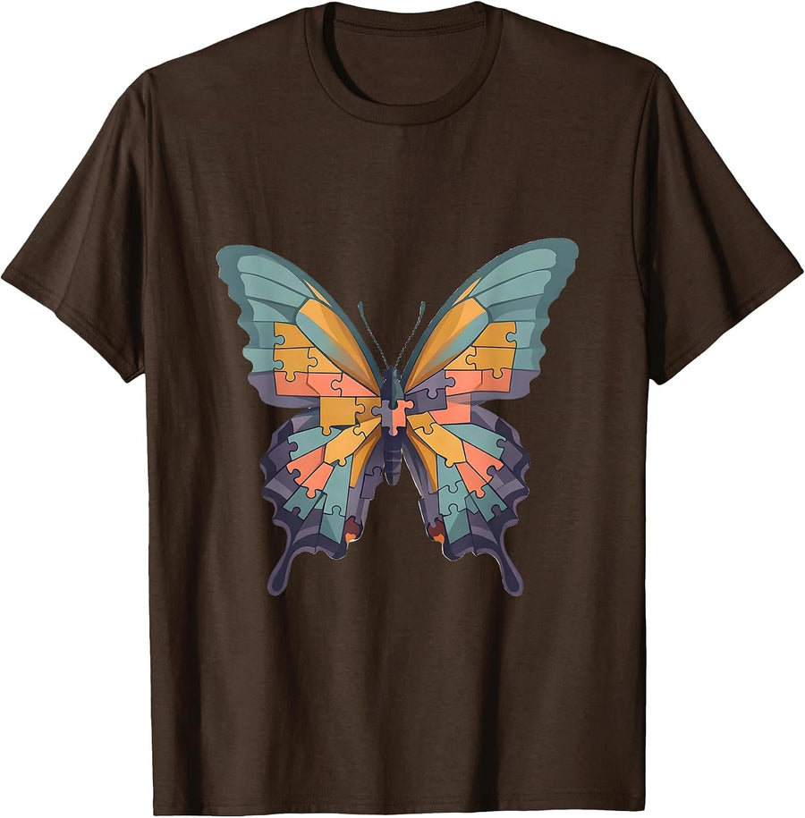 Men's Neurodiversity Butterfly Geometric Puzzle Art T-Shirt - Brown