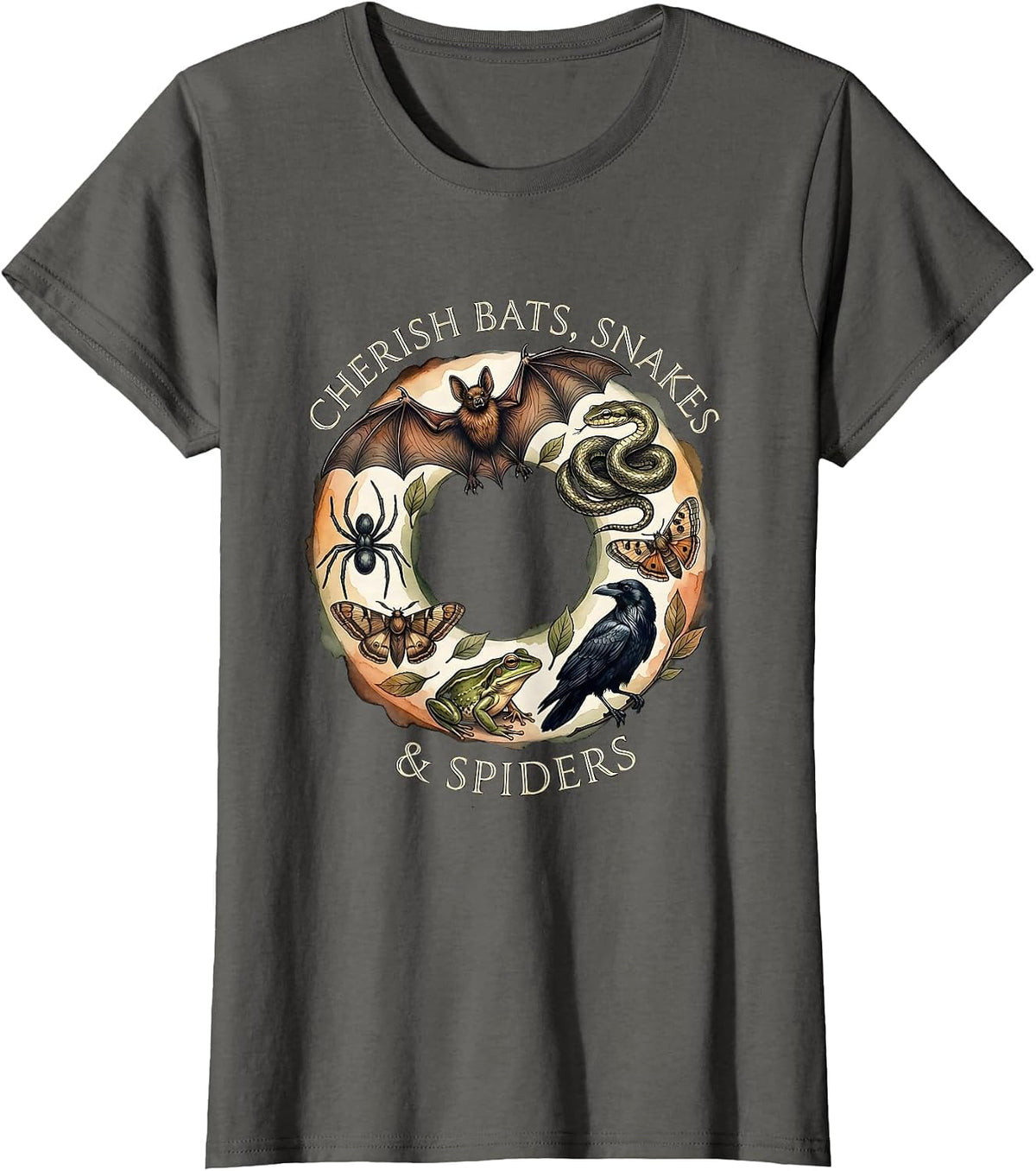Women's Cherish Bats, Snakes & Spiders Watercolor Nature Lover Gift T-Shirt - Asphalt Grey