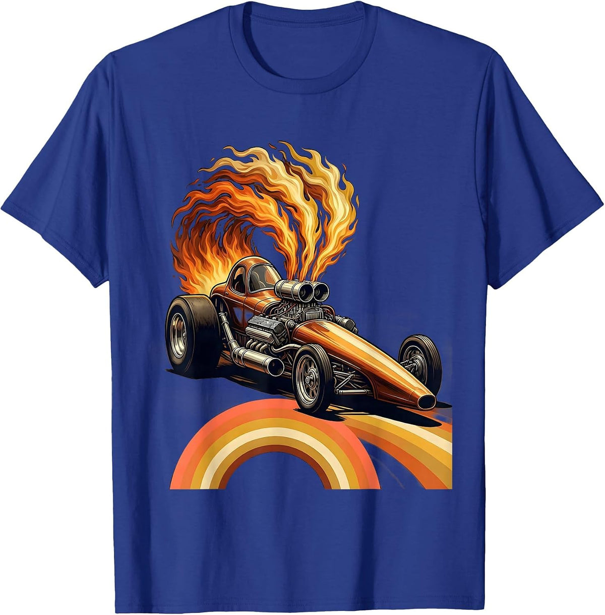Vintage Dragster Flames Labor Day Racing Graphic T-Shirt - Royal Blue