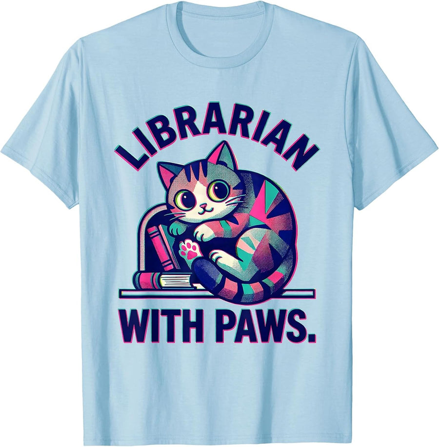 Men's Librarian With Paws Kawaii Cat Lover Cute Library Gift T-Shirt - Baby Blue