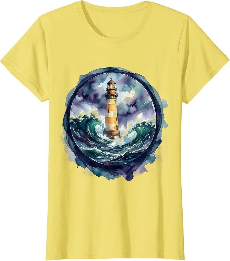 Neurodiversity Lighthouse Stormy Waves Illustration T-Shirt - Lemon Yellow