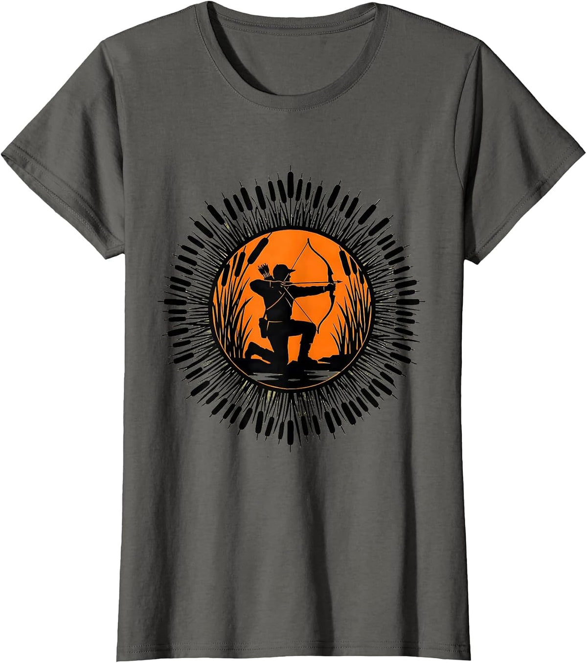 Women's Hunter Kneeling in Marsh Reeds Camouflage Design T-Shirt - Asphalt Grey