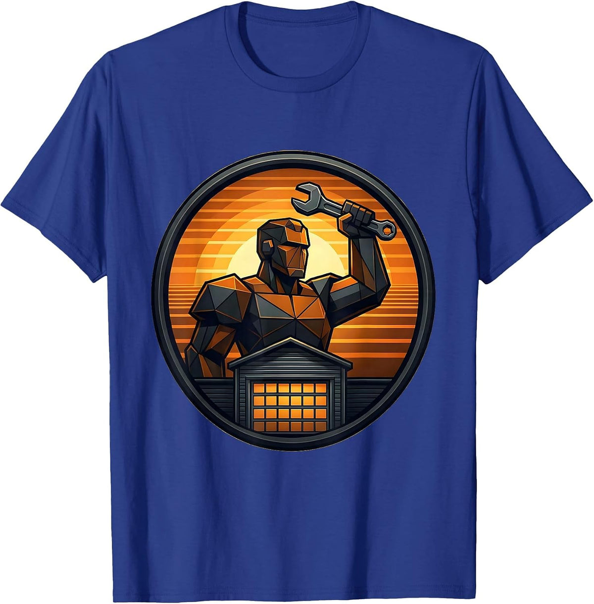 Men's Mechanic Silhouette Sunset Garage Graphic T-Shirt - Royal Blue