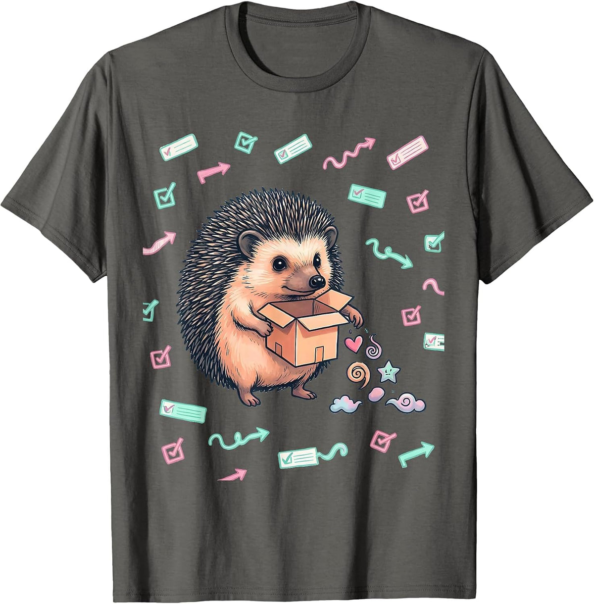 Men's Round Hedgehog Party Favor Box Kawaii Doodle Valentine T-Shirt - Asphalt Grey