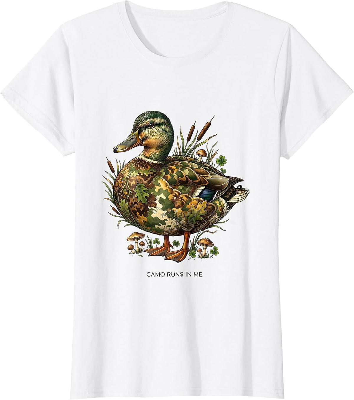 Women's Camo Runs In Me Duck Hunting Design T-Shirt - White