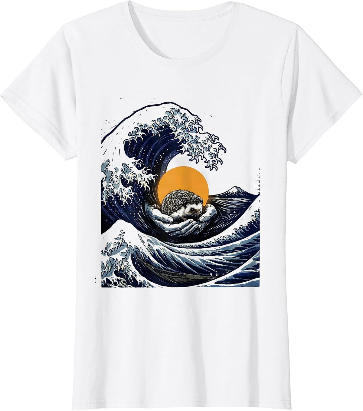 Women's Wave Hedgehog Japanese Art Animal Humor T-Shirt - White
