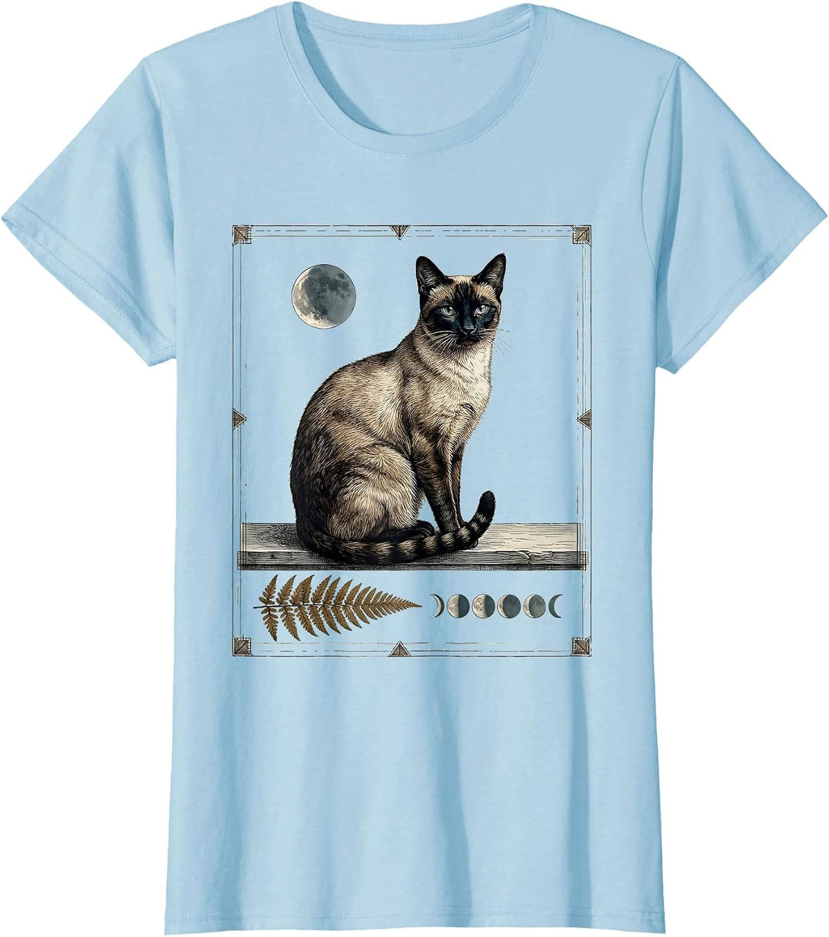 Women's Siamese Cat Moon Gazing 90s Retro Portrait T-Shirt - Baby Blue