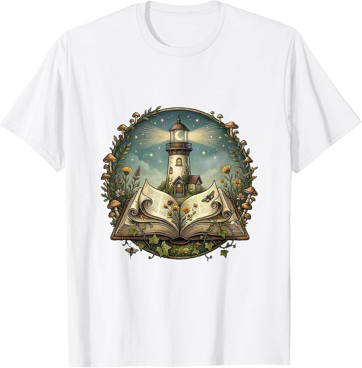 Men's Reading Teacher Lighthouse Book Illustration T-Shirt - White