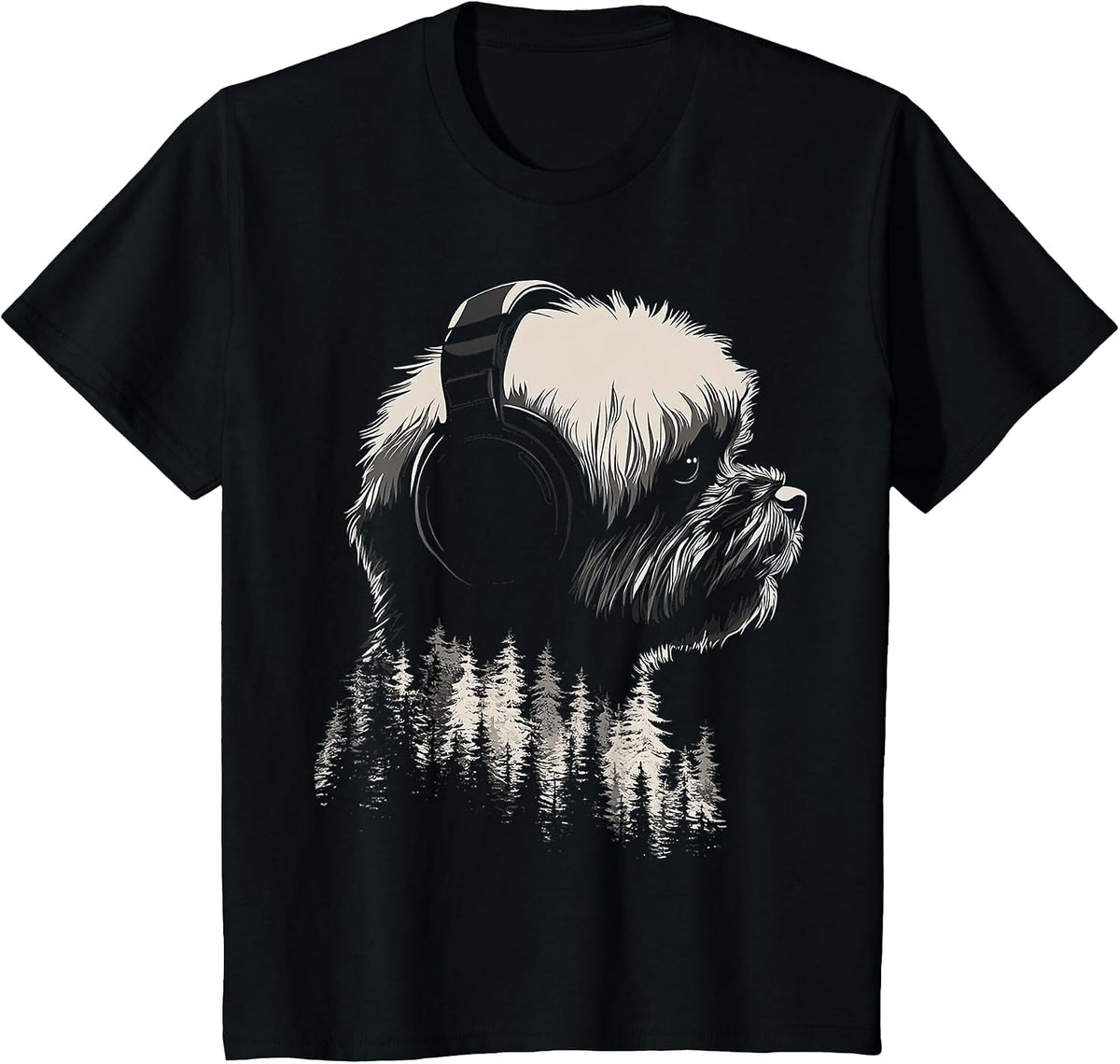 Shih Tzu Dog Motif Pet Art Music Headphone Shih Tzu T-Shirt - Black