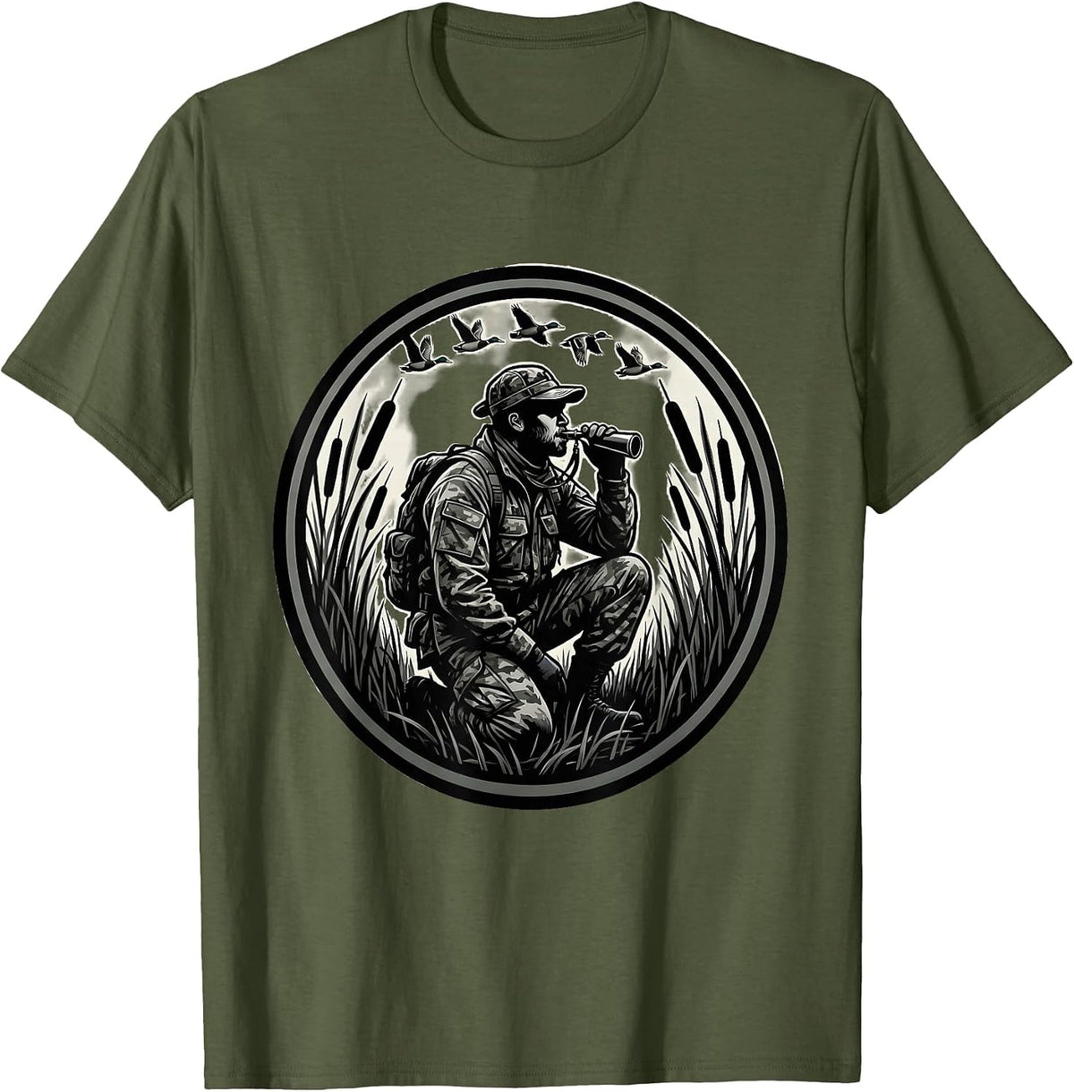 Duck Hunter Camo Waterfowl Calling Illustration T-Shirt - Olive Green