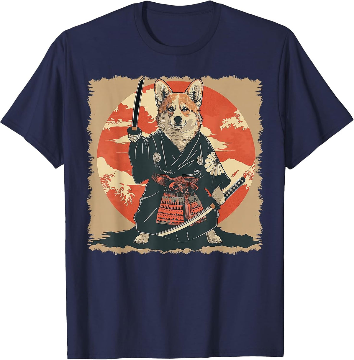 Pembroke Corgi Dog Japanese Art Samurai Ukiyo-e T-Shirt - Navy Blue