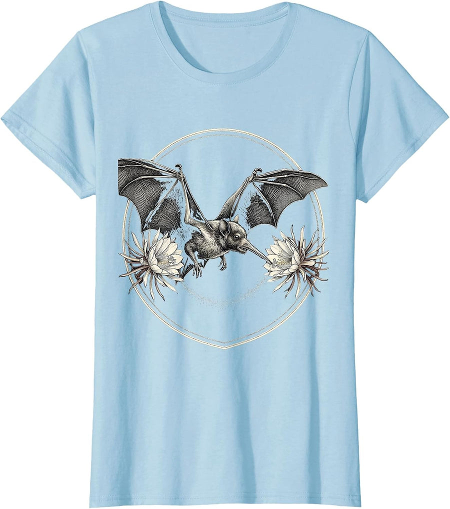 Women's Circular Shield Nectar Bat Nature Gothic Halloween T-Shirt - Baby Blue