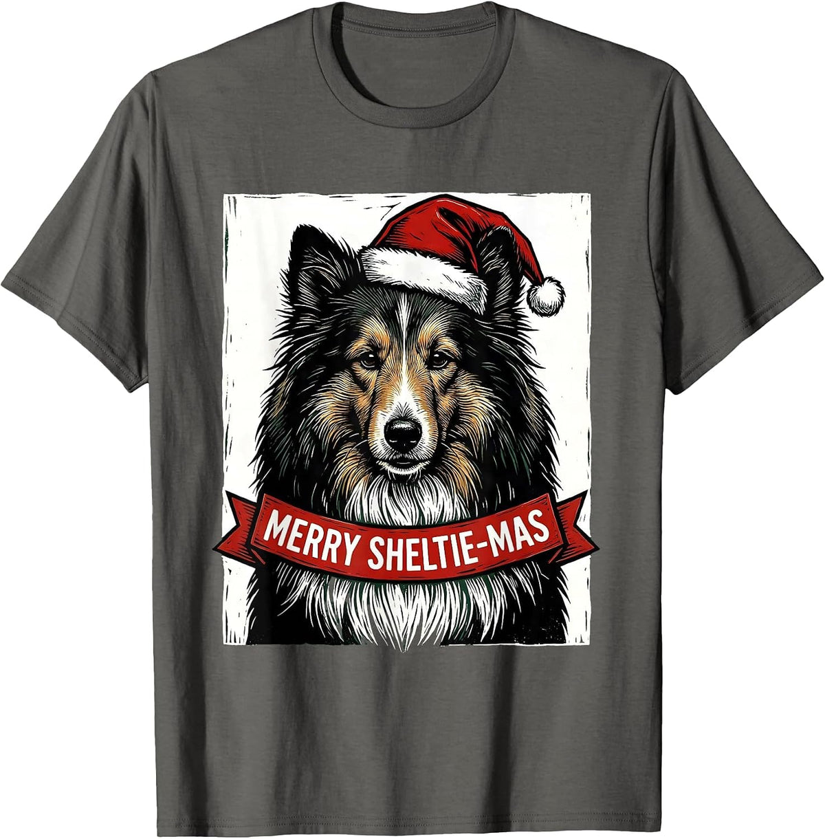Merry Sheltie-mas Linocut Christmas Dog Breed Humor T-Shirt - Asphalt Grey