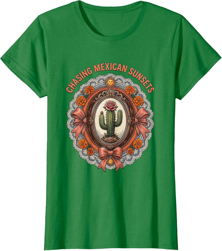 Women's Chasing Mexican Sunsets Scenic Mexico Design T-Shirt - Kelly Green