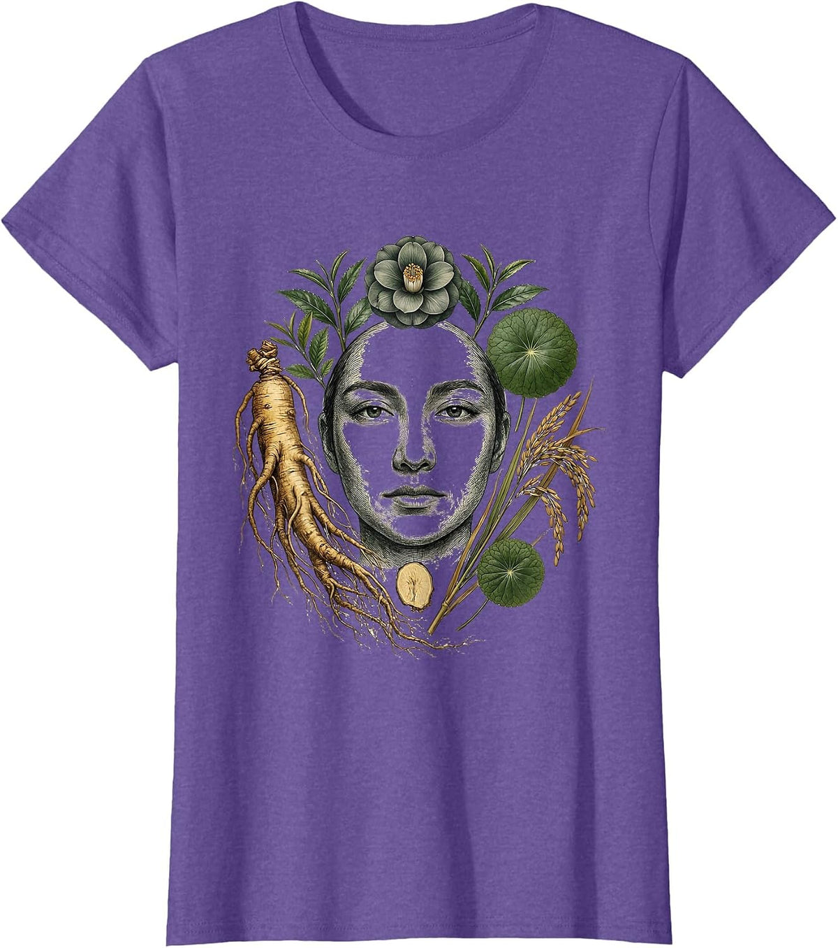 K-Beauty Skincare Herbs Botanical Face Illustration T-Shirt - Purple Heather