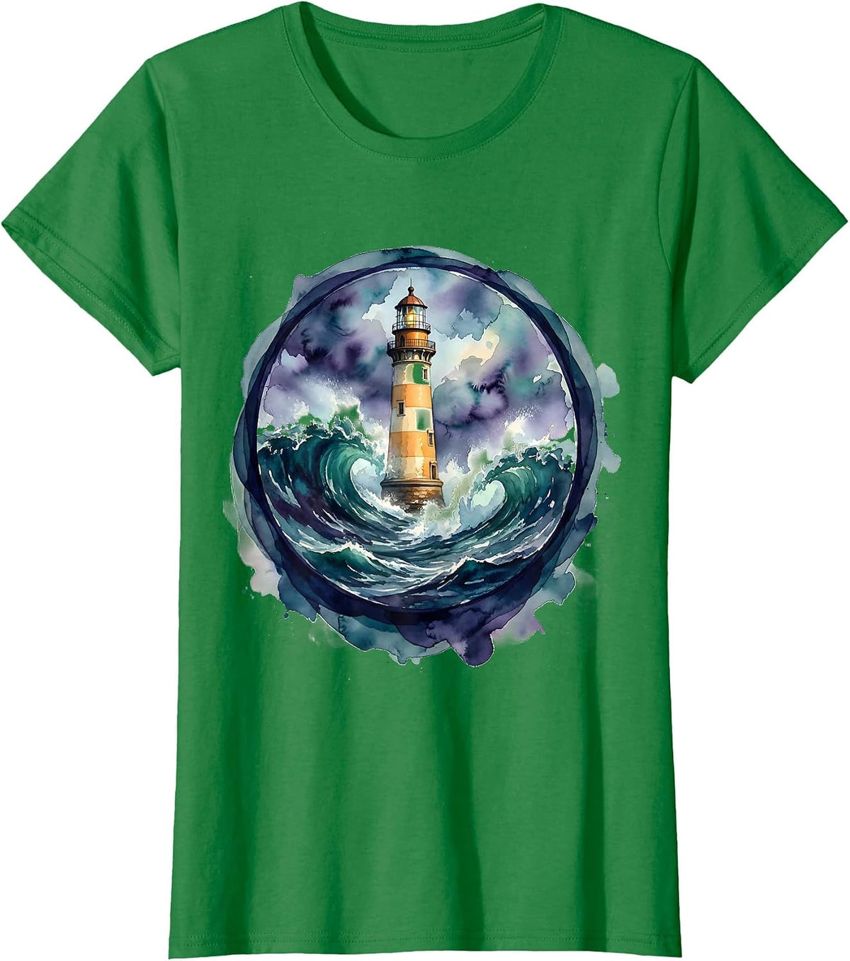 Neurodiversity Lighthouse Stormy Waves Illustration T-Shirt - Kelly Green