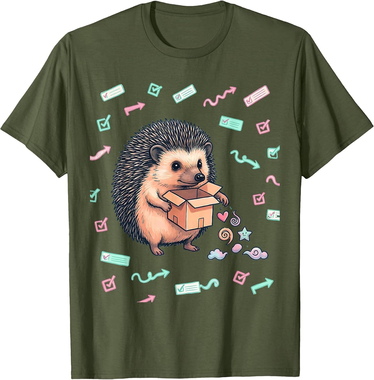 Men's Round Hedgehog Party Favor Box Kawaii Doodle Valentine T-Shirt - Olive Green