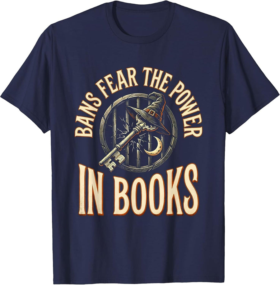 Bans Fear The Power In Books Witchy Halloween Bookish T-Shirt - Navy Blue