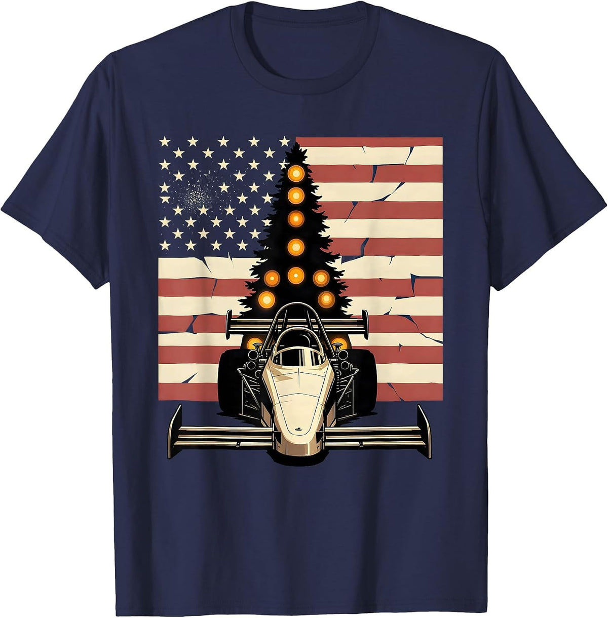 Men's Drag Strip Starting Gate American Flag Racing Enthusiast T-Shirt - Navy Blue