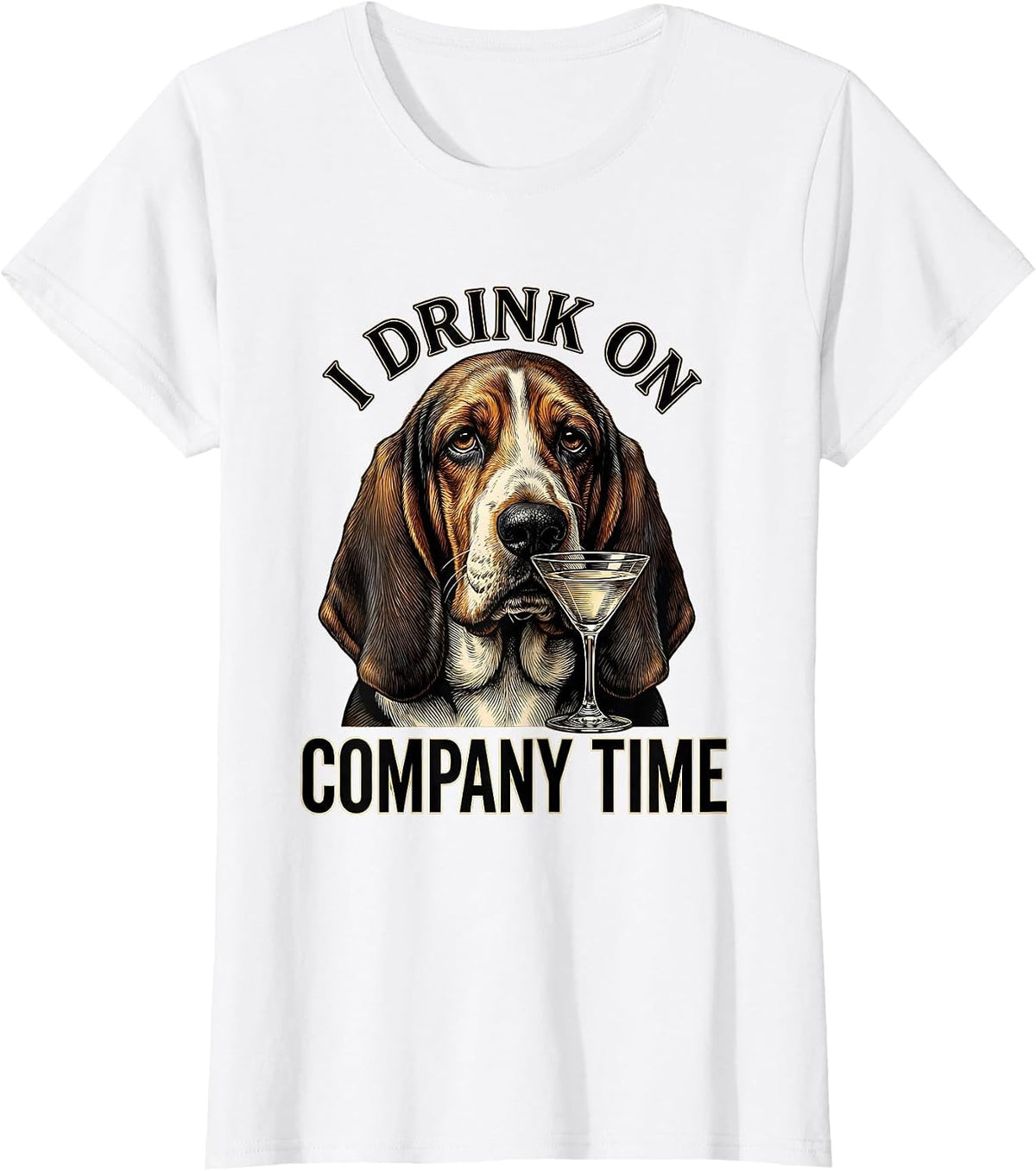 I Drink On Company Time Funny Basset Hound Meme Dog Lover T-Shirt - White