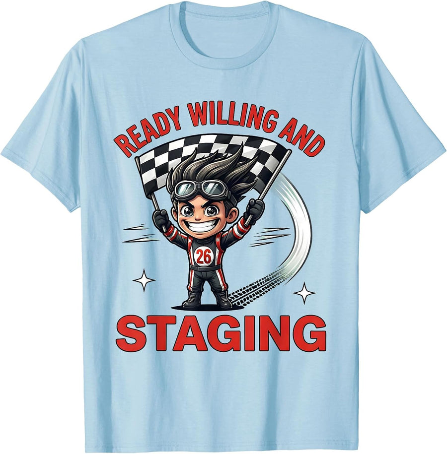 Men's READY WILLING AND STAGING Funny Drag Racer Cartoon T-Shirt - Baby Blue