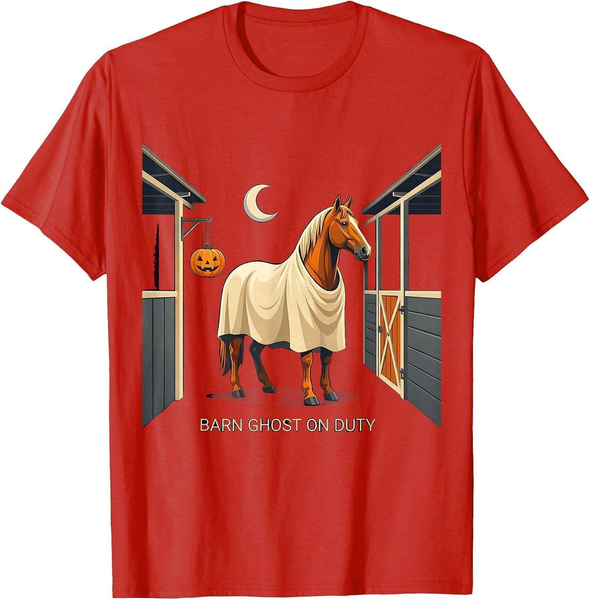 Men's Barn Ghost on Duty Flat Vector Halloween Horse Lover Humor T-Shirt - Red
