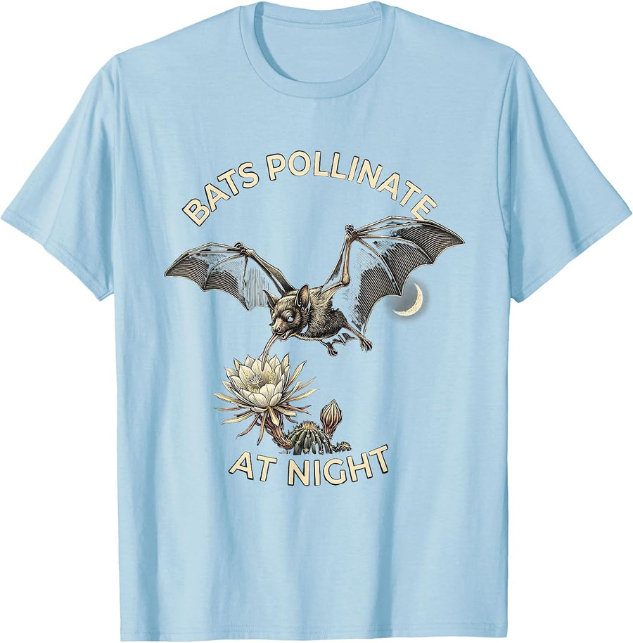 Men's Bats Pollinate At Night Vintage Bat Lover Nature T-Shirt - Baby Blue